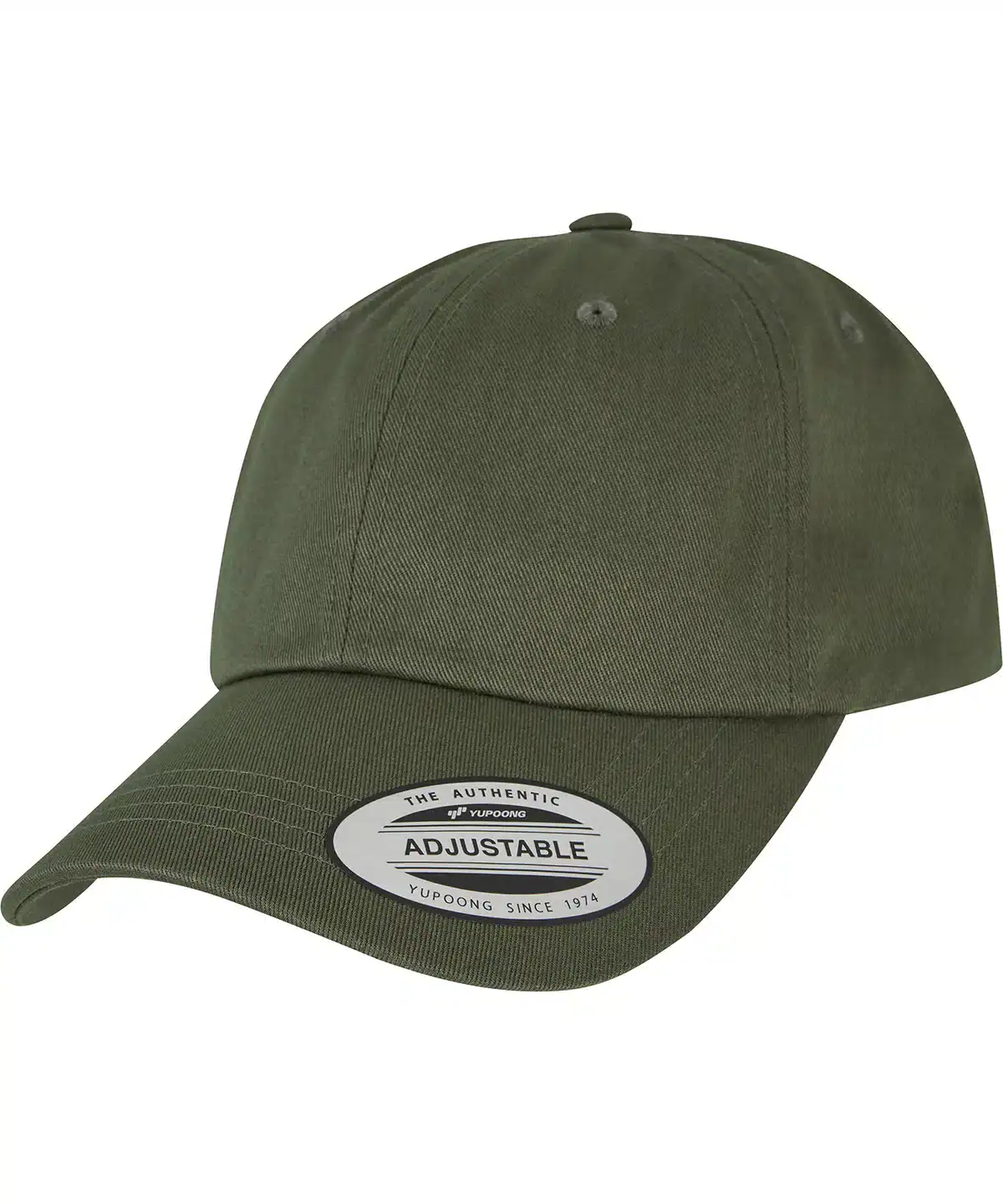 Adjustable olive green dad cap with curved brim for men and women. Features classic style and comfortable fit.