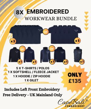 Embroidered workwear bundle including T-shirts, polos, hoodie, and gilet for team uniforms.