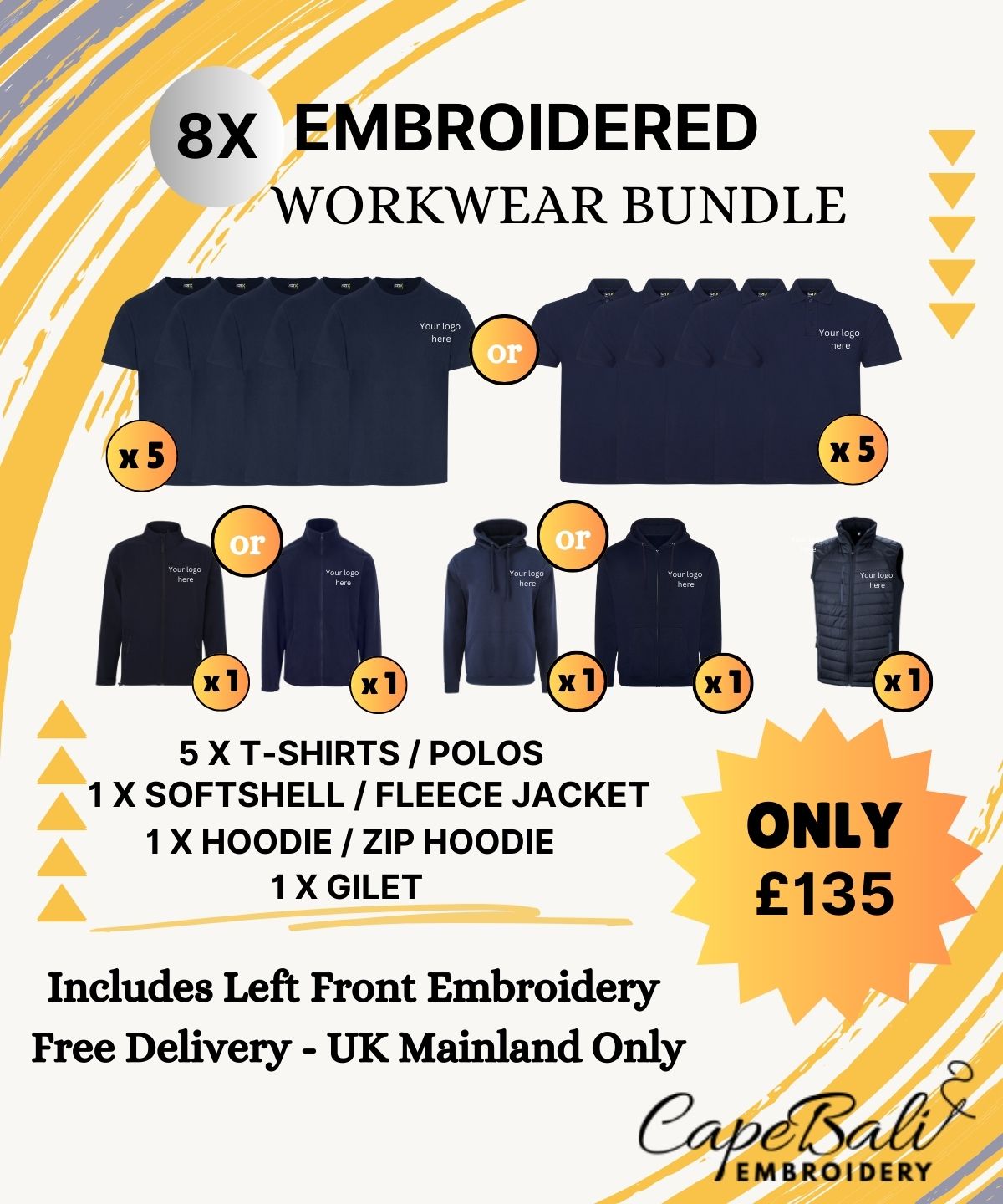 Embroidered workwear bundle including T-shirts, polos, hoodie, and gilet for team uniforms.
