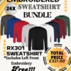 Set of 24 embroidered sweatshirts in various colours for custom branding.