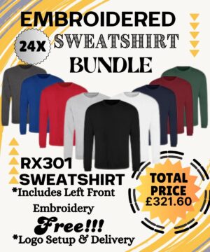Set of 24 embroidered sweatshirts in various colours for custom branding.