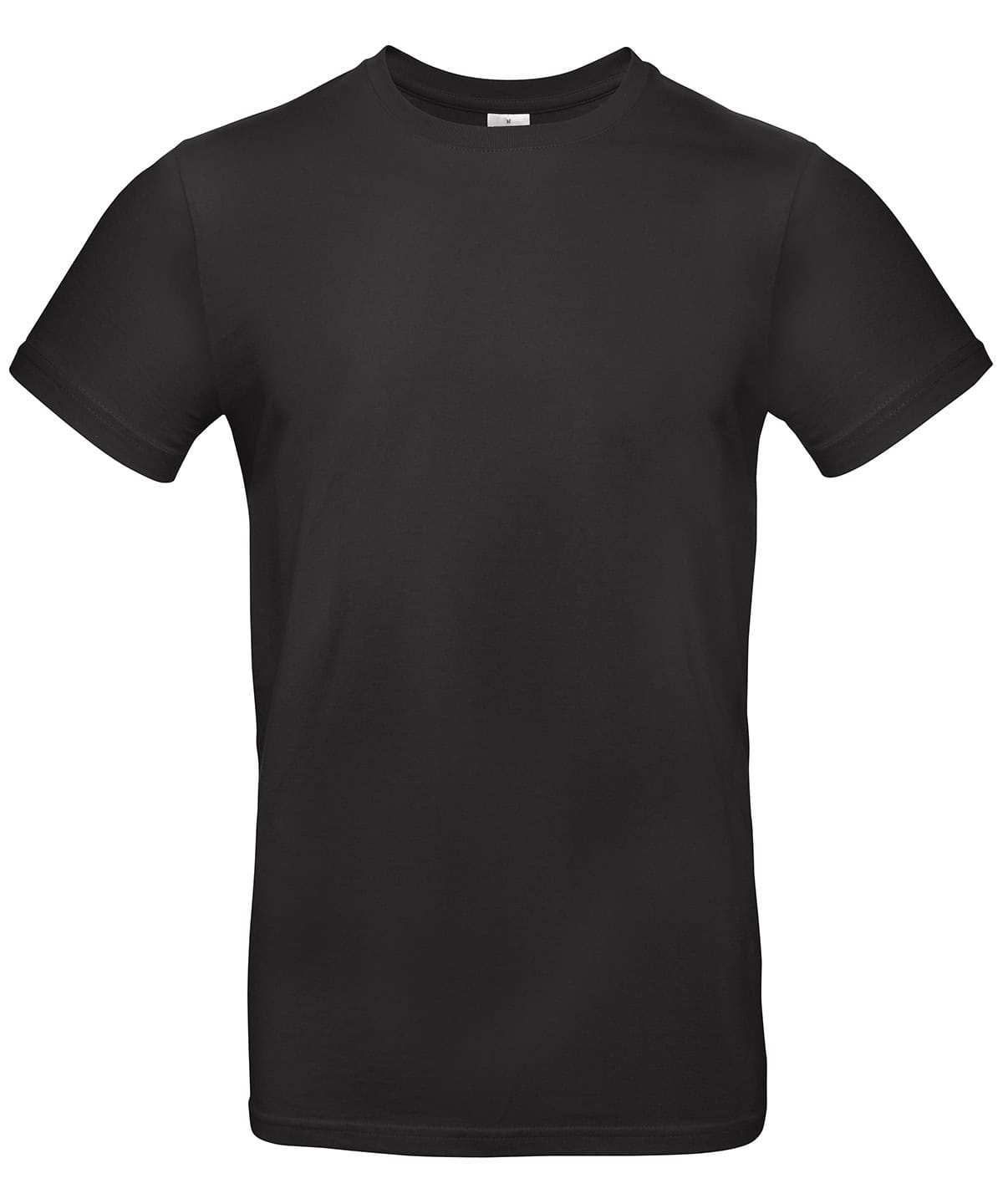 Black T-shirt with classic crew neck, ideal for embroidery, printing, and promotional use.