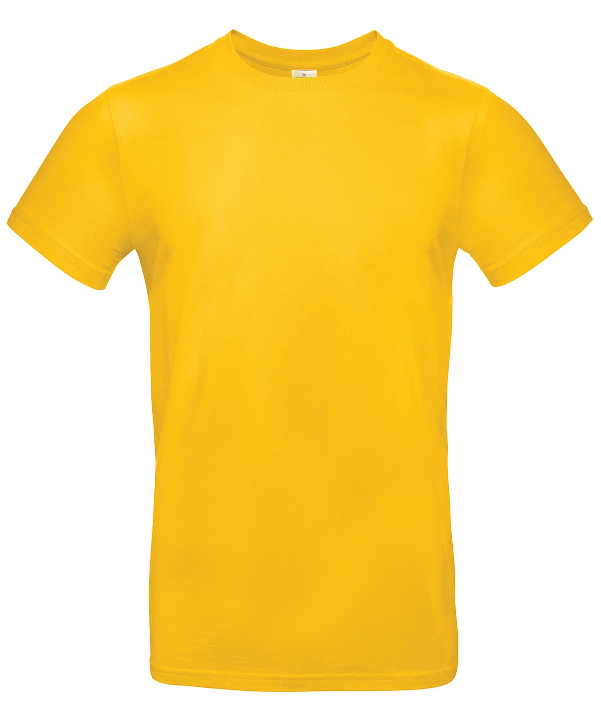 Vibrant yellow crew neck t-shirt with gold embroidery, perfect for custom printing or branding.