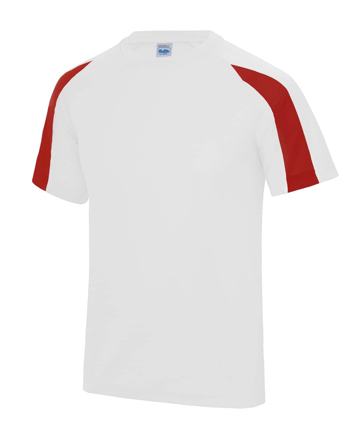 White T-shirt with red and white shoulder accents, custom embroidery design.