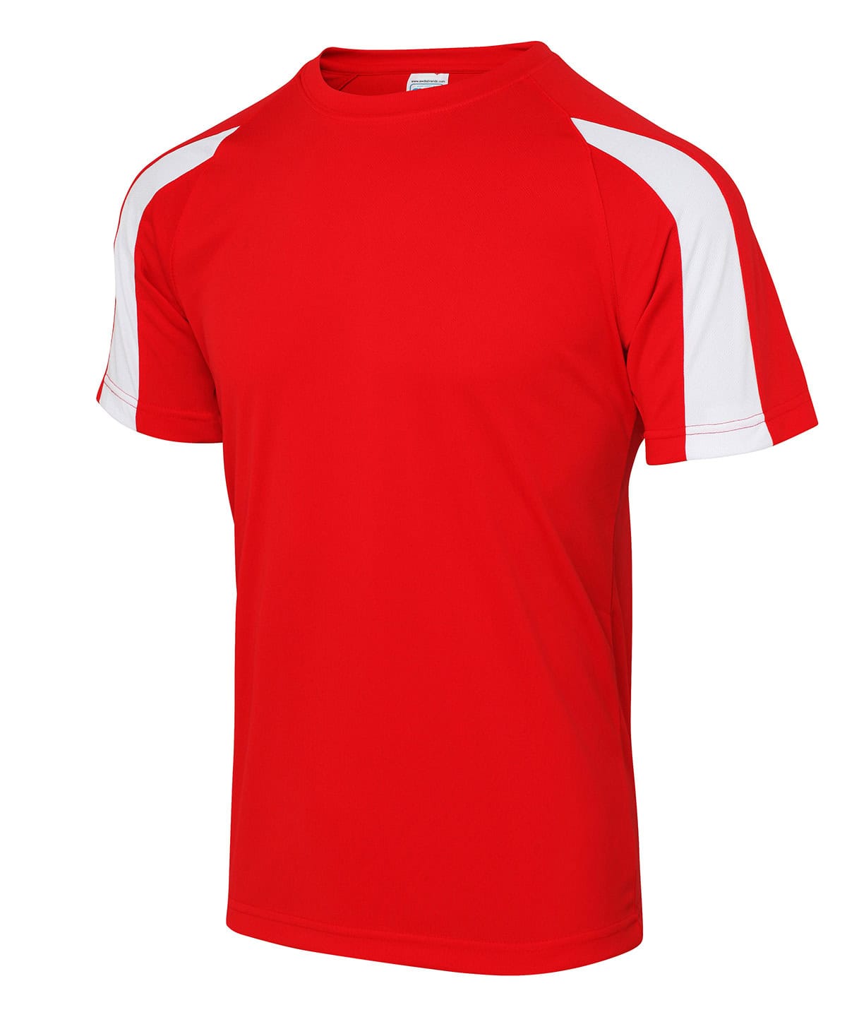 Red and white sports T-shirt with contrast design, ideal for activewear and embroidery.