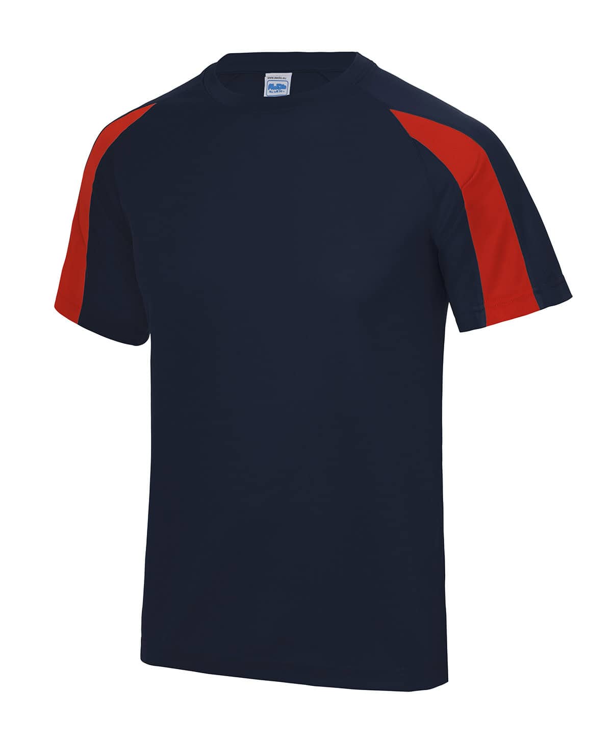 Bright navy T-shirt with contrasting red and navy shoulder accents, perfect for casual wear and spor.