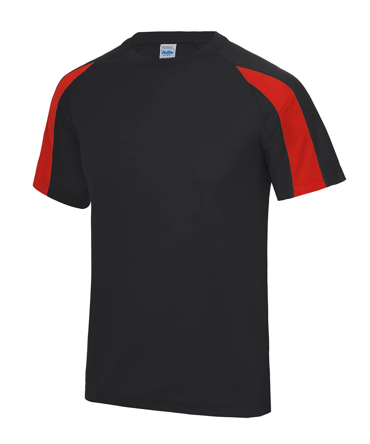 Quality contrast T-shirt with black and red design, perfect for sports and casual wear.