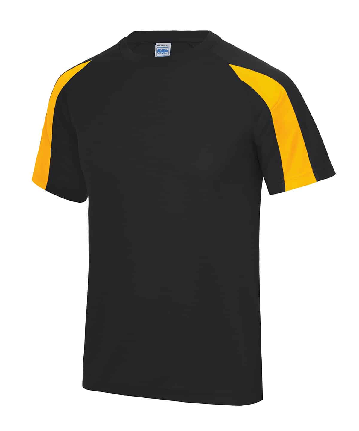 Contrast cool T shirt with black and gold accents, ideal for sports and casual wear.