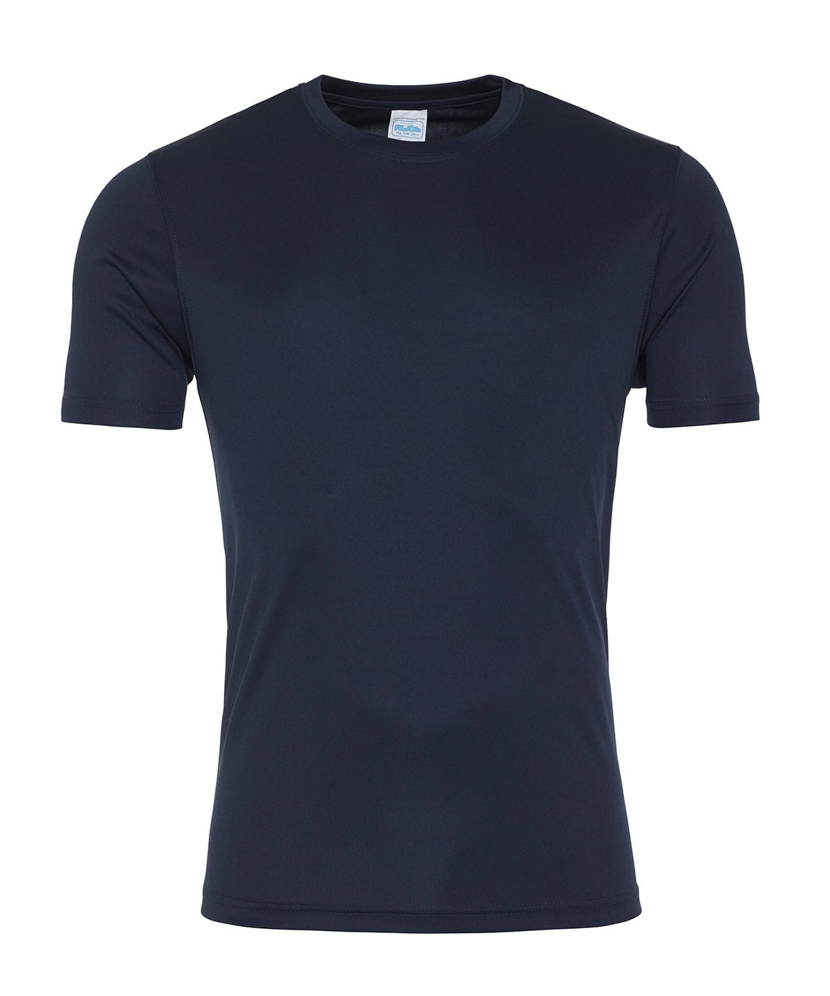 Embroidered navy T-shirt with smooth fabric, perfect for casual wear and custom printing.
