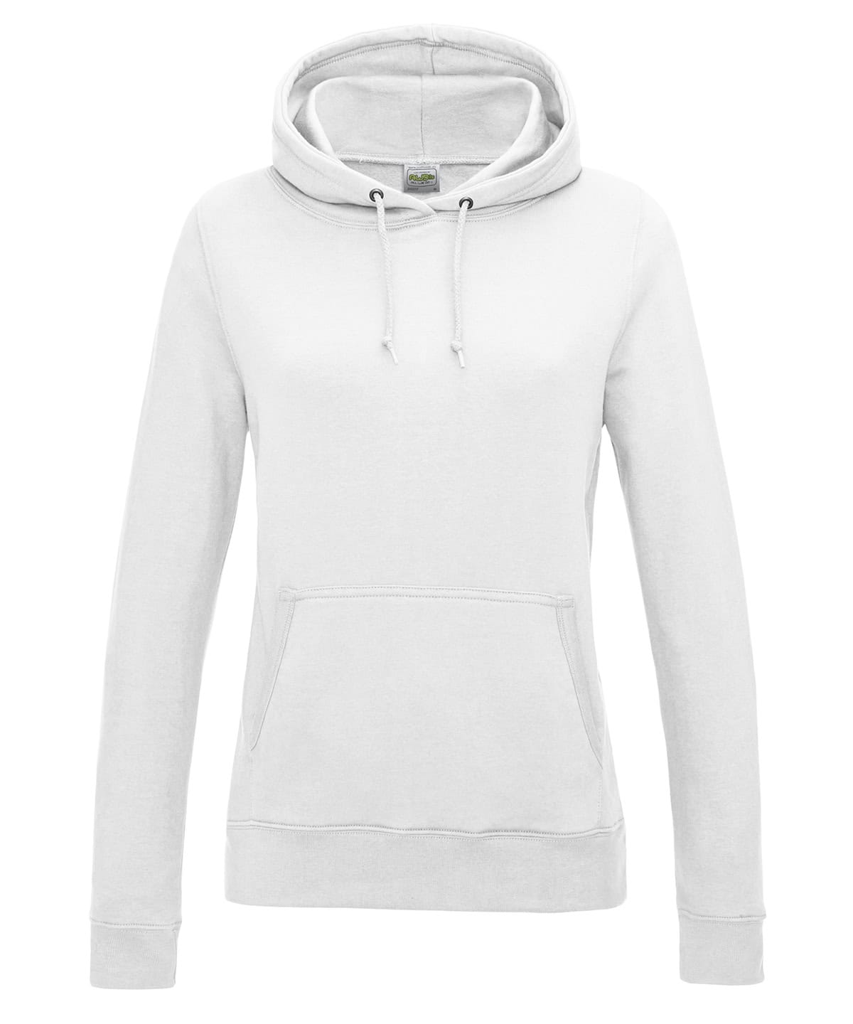 White hoodie with adjustable drawstring and front pocket. Perfect for students, casual wear, or custom embroidery.