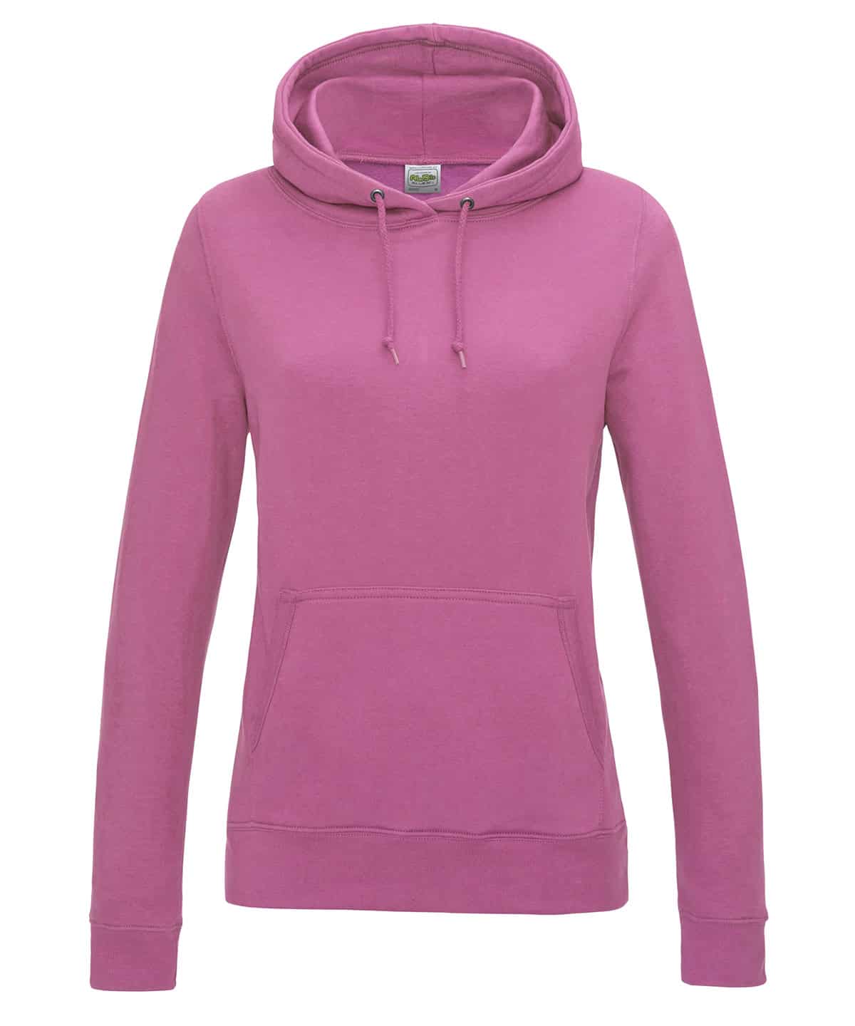 Pink ladies hoodie with a front pocket, drawstring hood, soft fabric, ideal for everyday use.
