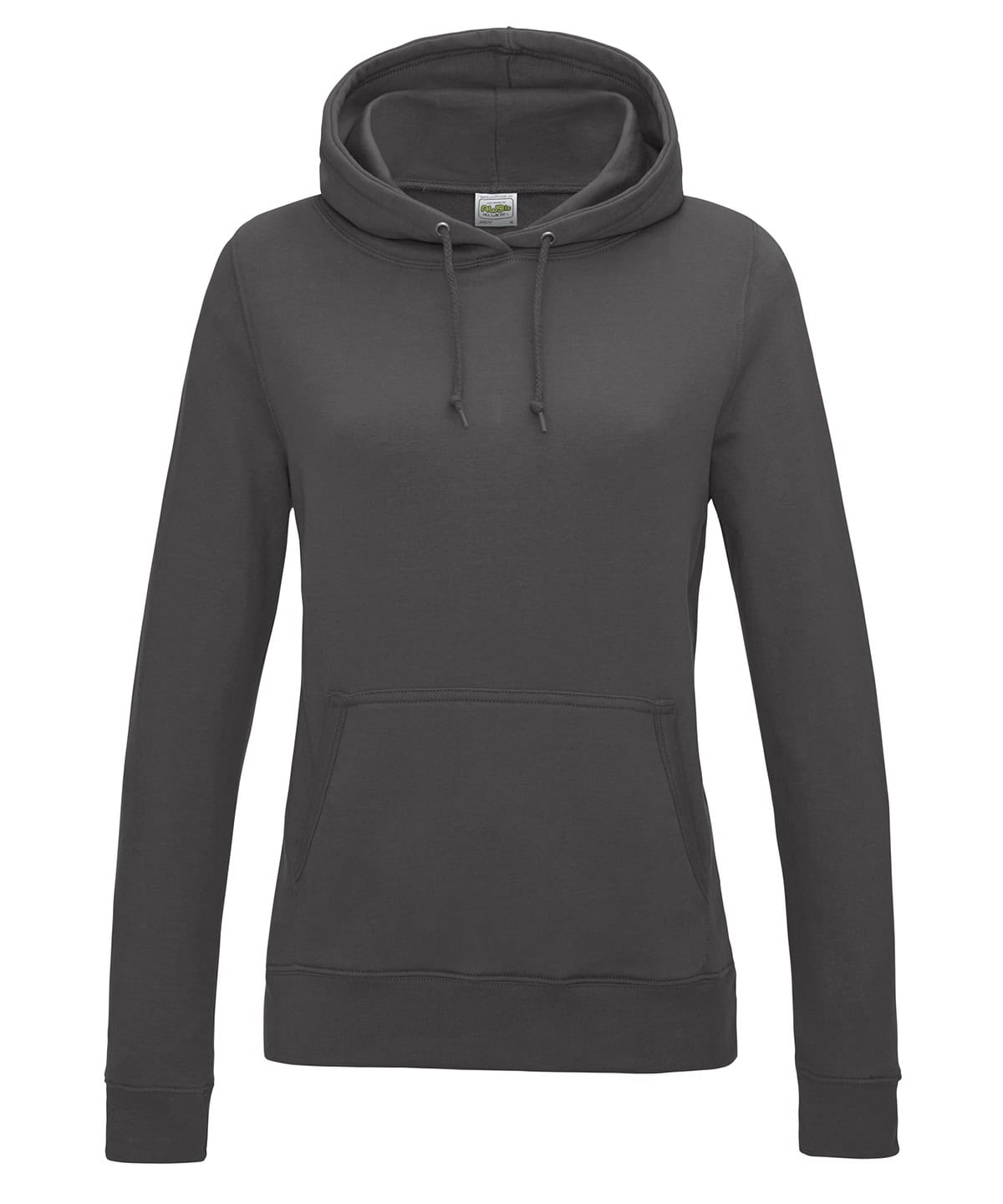 Charcoal hoodie with front pocket and adjustable drawstring hood. Perfect for casual or promotional wear.