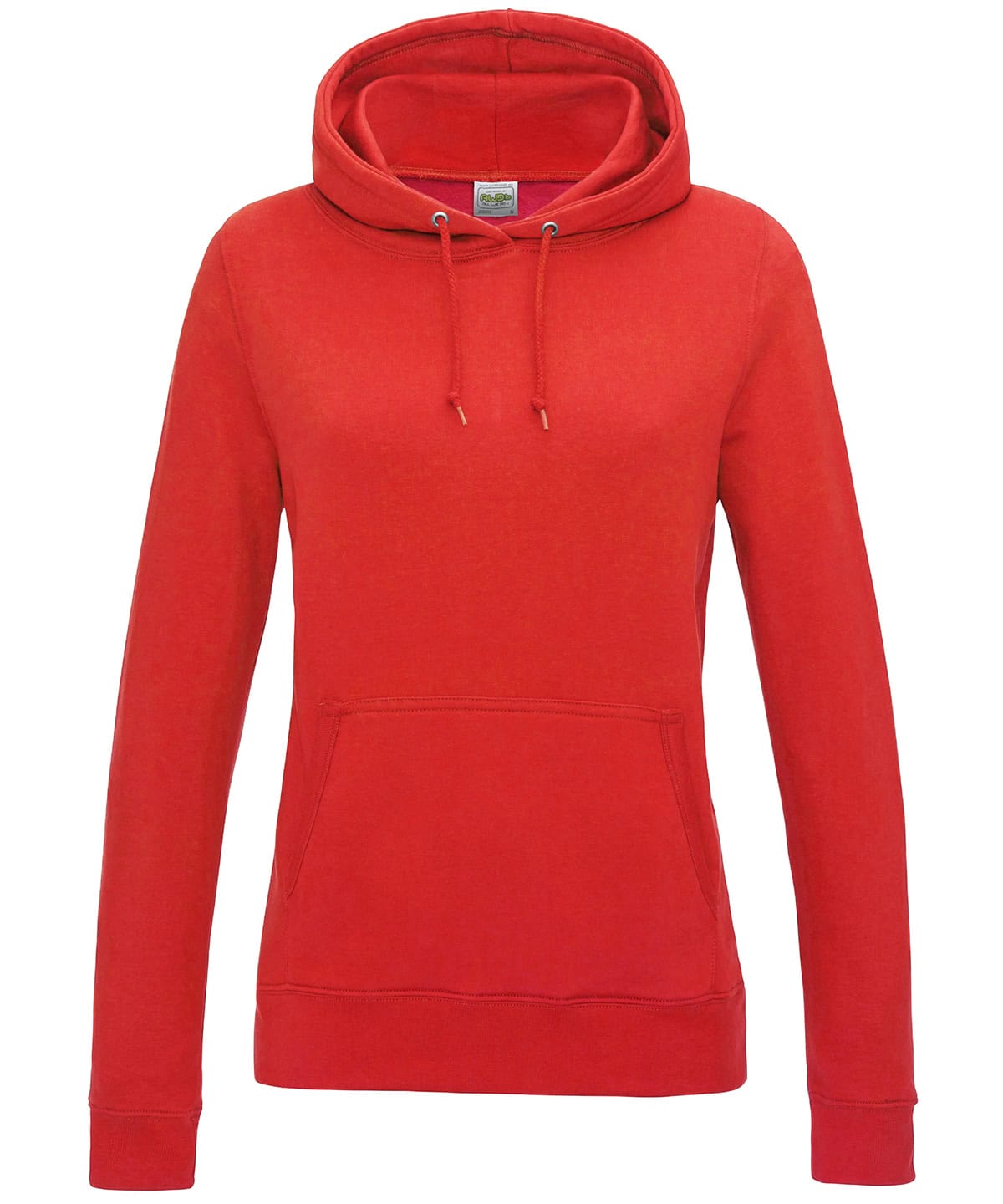 High-quality fire red ladies college hoodie, XS size with embroidery options.