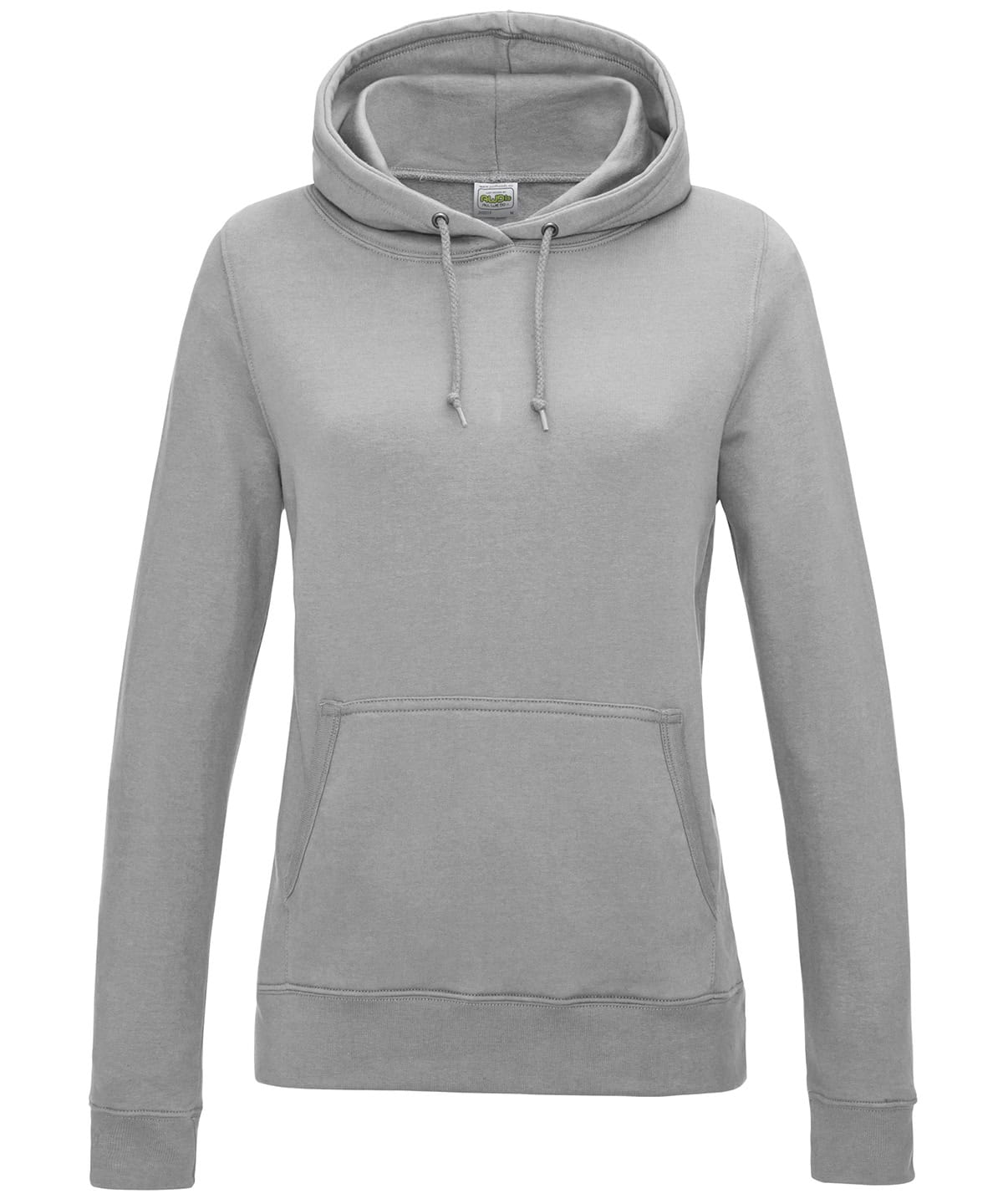 Grey ladies hoodie with adjustable drawstrings and front pocket, ideal for casual wear.