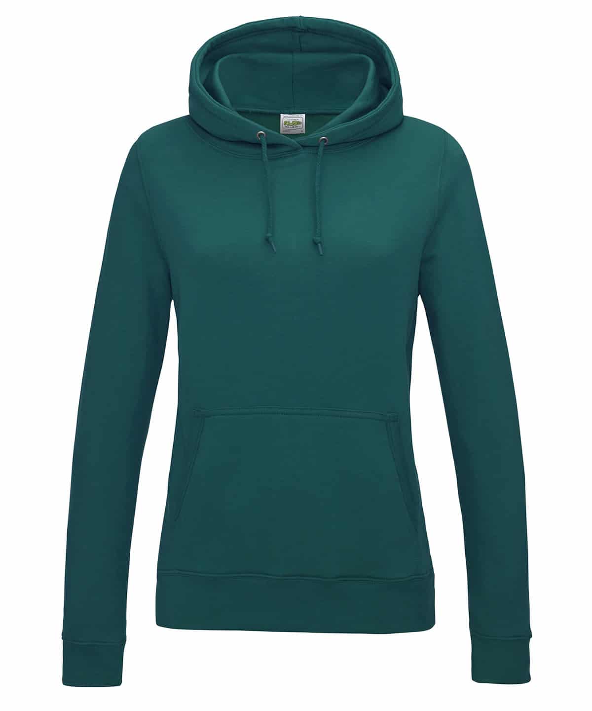 Ladies college hoodie in Jade colour with adjustable drawstring, front pocket, and comfortable fit. Perfect for school or casual wear.