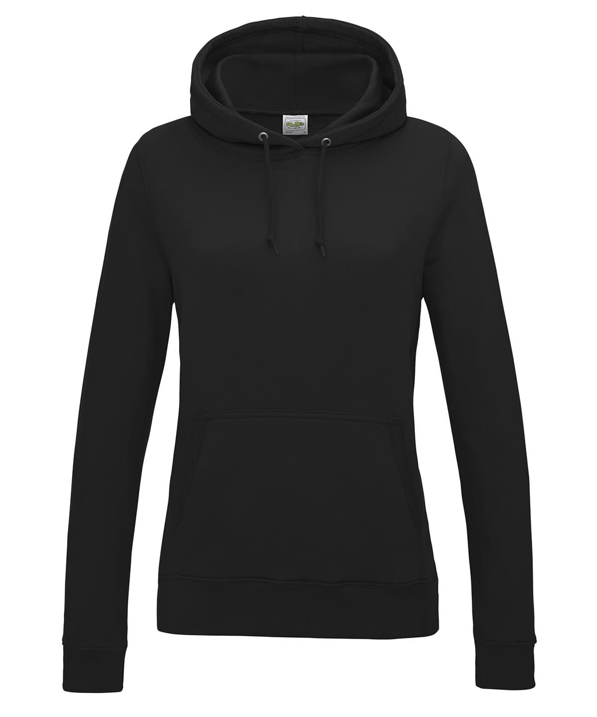 Women's black college hoodie with adjustable drawstring hood and front kangaroo pocket. Comfortable and stylish for everyday wear.