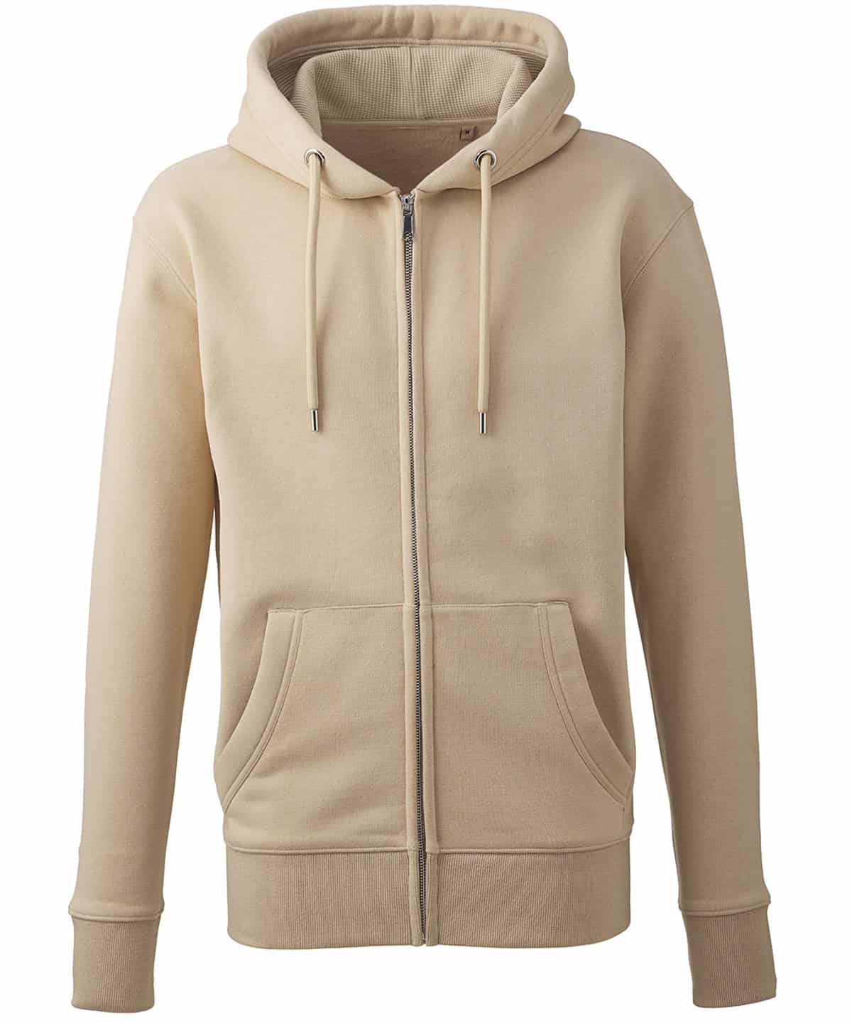 Comfortable embroidered zip hoodie in desert sand with hood, front pockets, and full-length zipper.