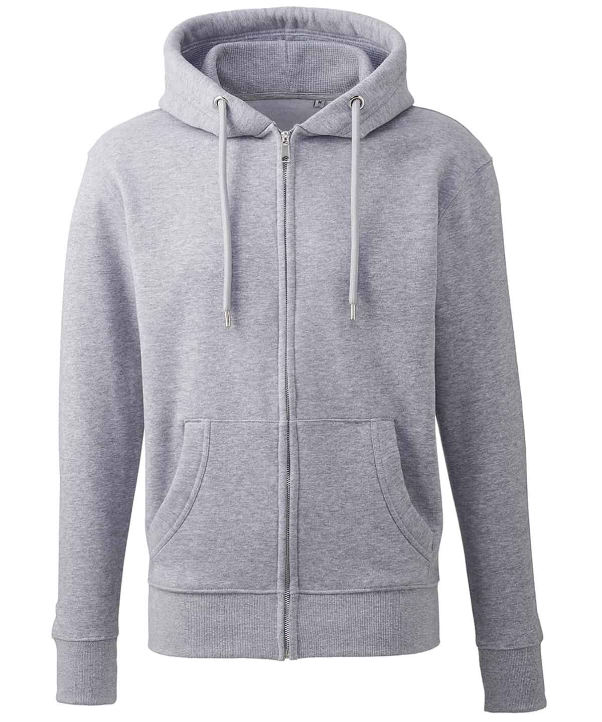 Comfortable grey marl zip-up hoodie for casual wear and custom printing. Perfect for branding or team apparel.