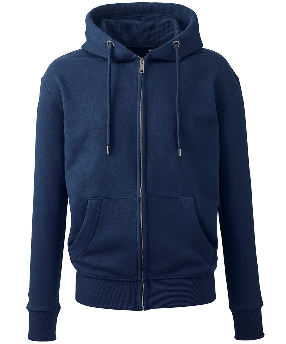 Soft navy full-zip hoodie with adjustable drawstrings and front pocket, perfect for custom embroidery and printing.