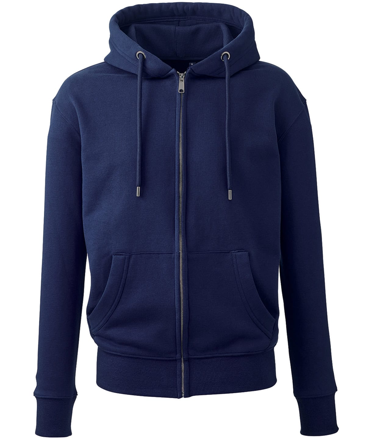 Oxford Navy zip-up hoodie with front pockets and adjustable drawstring hood. Comfortable and stylish casual wear.