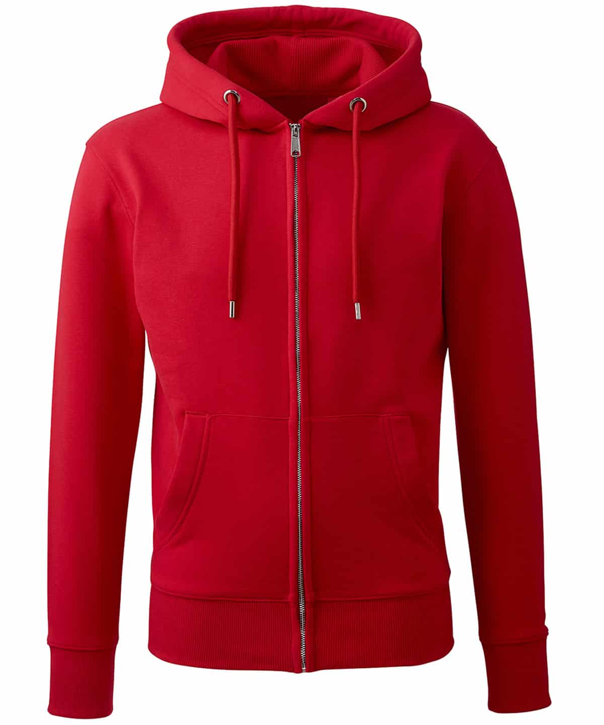 Red Anthem zip-up hoodie with adjustable drawstrings, front pockets, ideal for personalized embroidery and casual style.