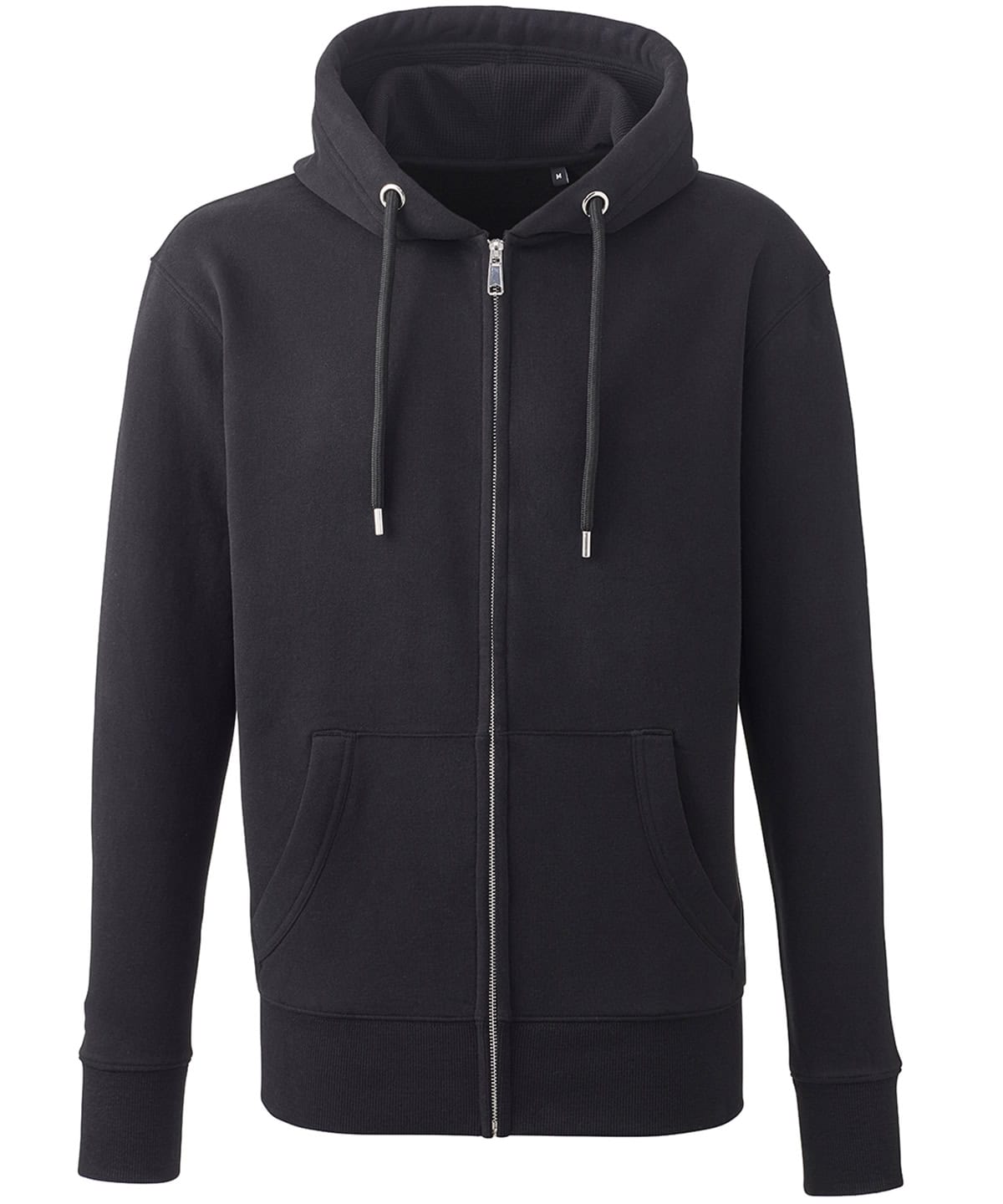 High-quality black full-zip hoodie with adjustable drawstrings, ideal for personalised embroidery and printing.