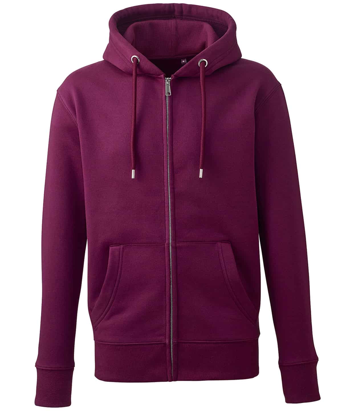 Burgundy zip hoodie with front pockets, adjustable drawstrings, and full-length zip, perfect for casual wear.