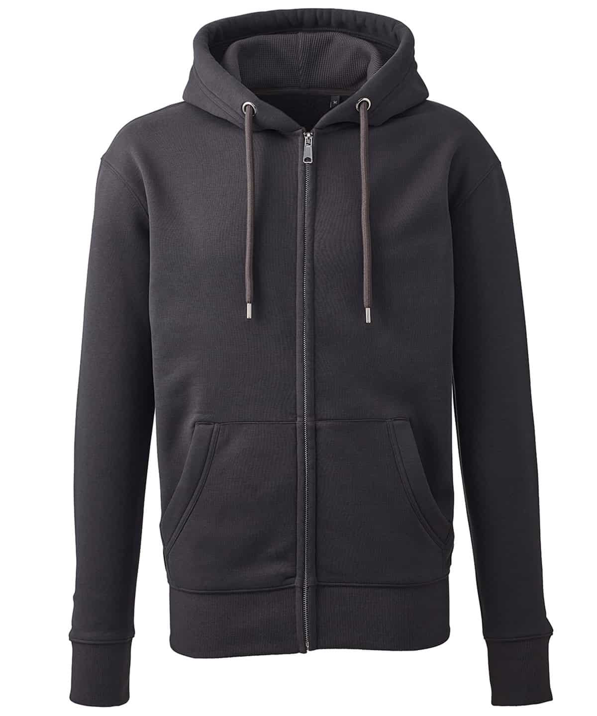 Full-zip men's hoodie in charcoal with front pockets and adjustable hood.