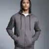 High-quality grey zip-up hoodie with front pockets and adjustable drawstrings, perfect for comfortable everyday style.