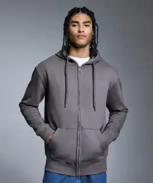 High-quality grey zip-up hoodie with front pockets and adjustable drawstrings, perfect for comfortable everyday style.