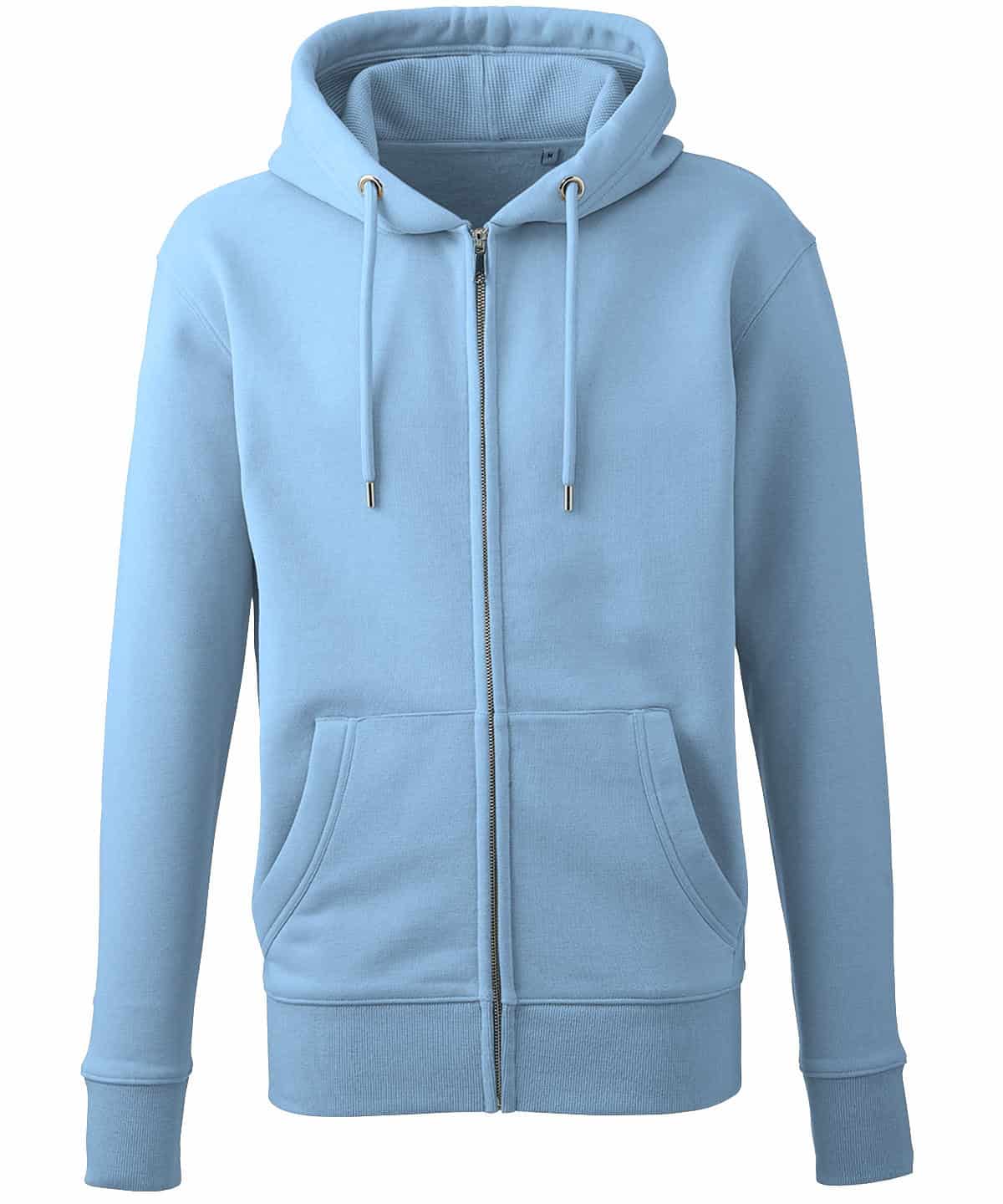 Light blue zip hoodie with hood, pockets, and drawstrings for casual autumn and winter wear.