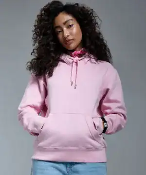 Comfortable pink hoodie with embroidered details, perfect for casual wear and custom printing.