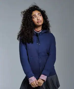 Embroidery-ready navy hoodie perfect for casual fashion and promotional printing.