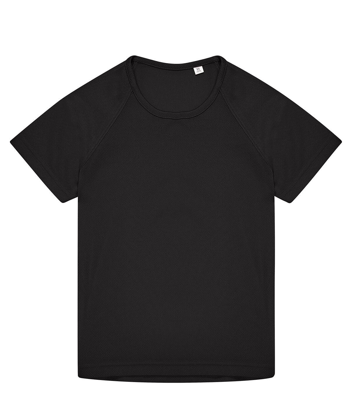 Custom embroidered black kids' T-shirt for active wear.