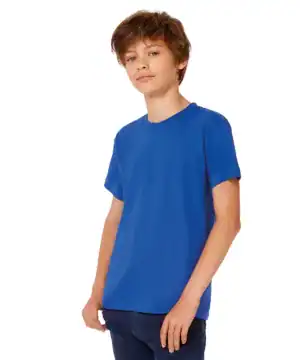 Child wearing a plain blue T-shirt, ideal for custom embroidery and printing.