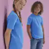Two kids wearing blue T-shirts, suitable for embroidery and printing, against a pink background.