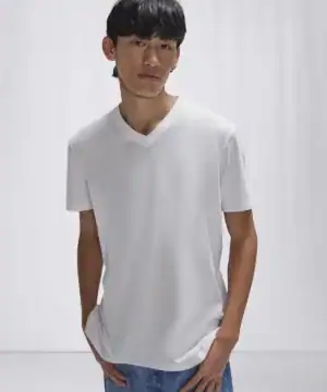 White V-neck T-shirt with embroidery and printing details.