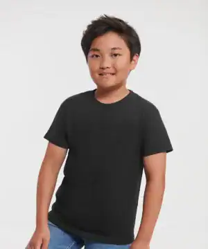 Child wearing a black embroidered kids' T-shirt, front view.