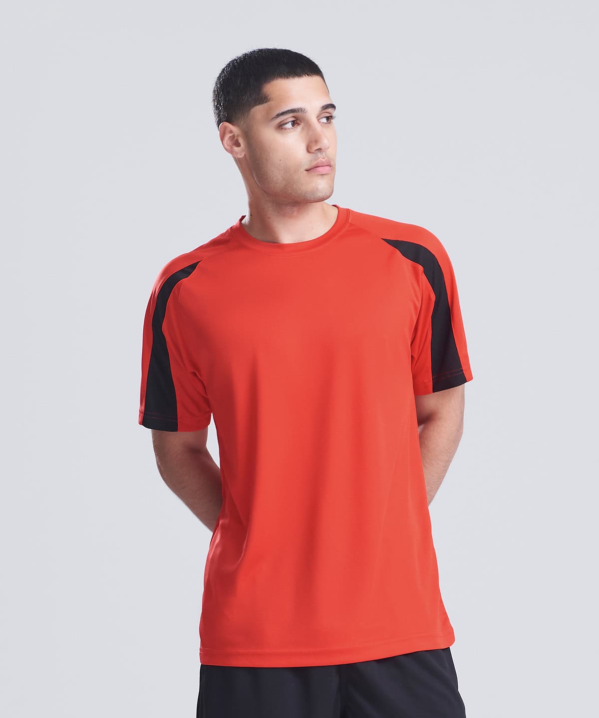 Contrast cool T with black shoulder accents, perfect for sports and casual wear.