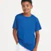 Child wearing a blue smooth T-shirt, casual kids' clothing.