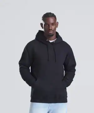 Black college hoodie with embroidery and printing, perfect for schools and college students.