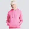 Bright pink hoodie with adjustable drawstrings and a front pocket for casual comfort.