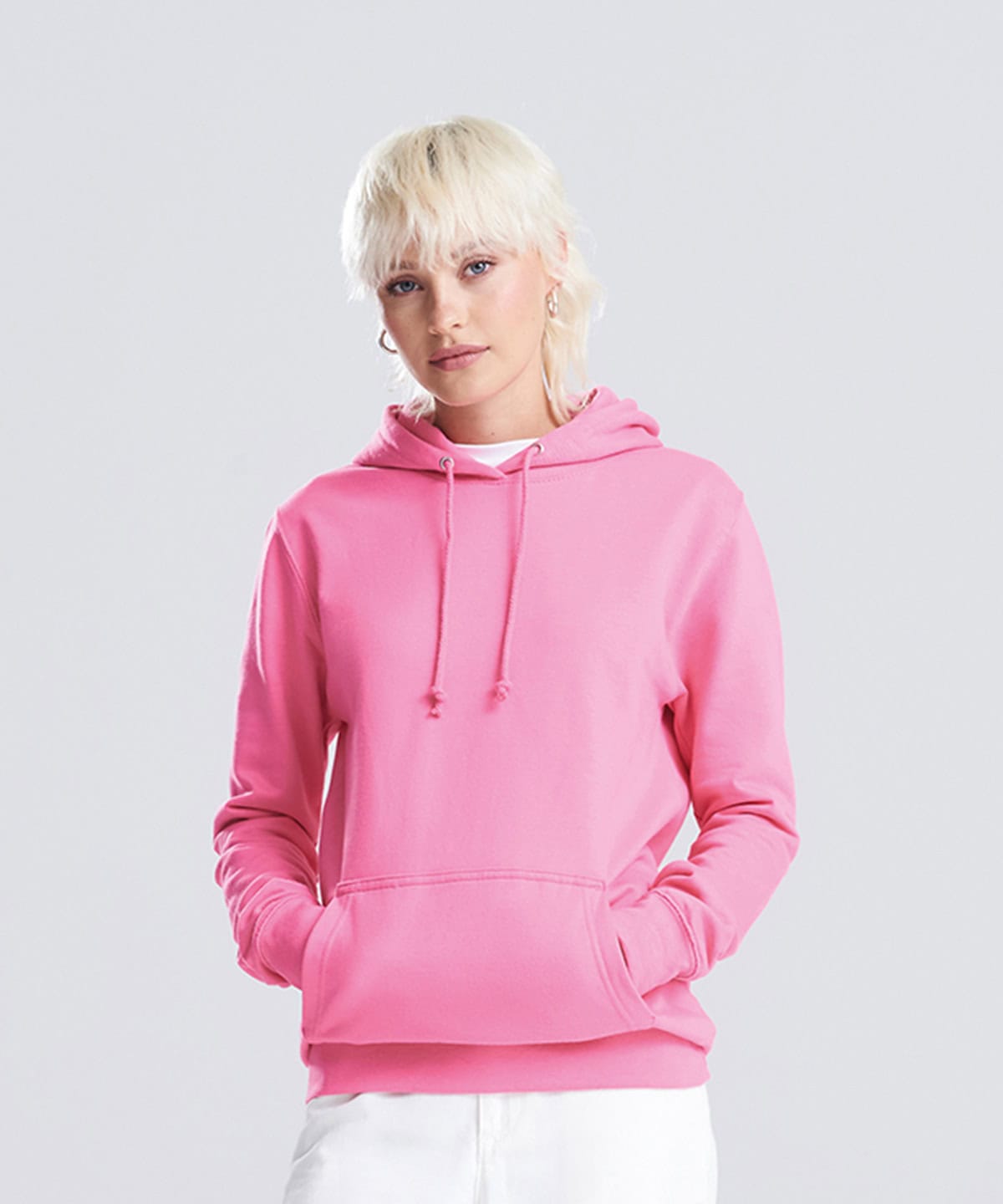 Bright pink hoodie with adjustable drawstrings and a front pocket for casual comfort.