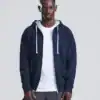 Navy varsity hoodie with adjustable drawstrings, front pockets, perfect for personalised embroidery and printing.