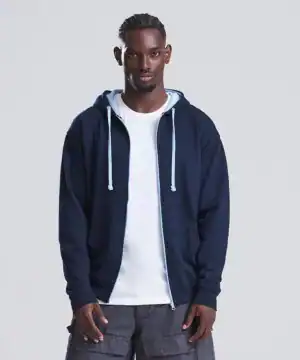 Navy varsity hoodie with adjustable drawstrings, front pockets, perfect for personalised embroidery and printing.