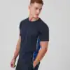 Men's navy performance panel t-shirt with side stripe detail.