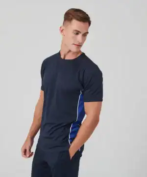 Men's navy performance panel t-shirt with side stripe detail.