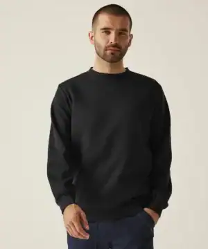 Men's black crew neck sweatshirt, comfortable and stylish for casual wear.