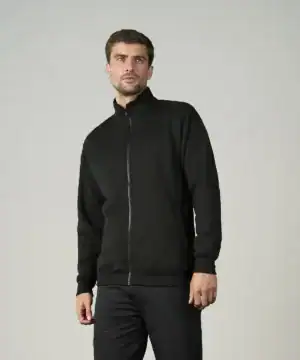 High-quality black zip-up hoodie for professional or casual wear. Comfortable, durable, perfect for branding.