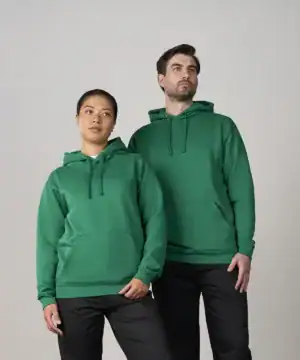 Comfortable green hooded sweatshirt with personalised embroidery and printing options. Perfect for casual and promotional wear.